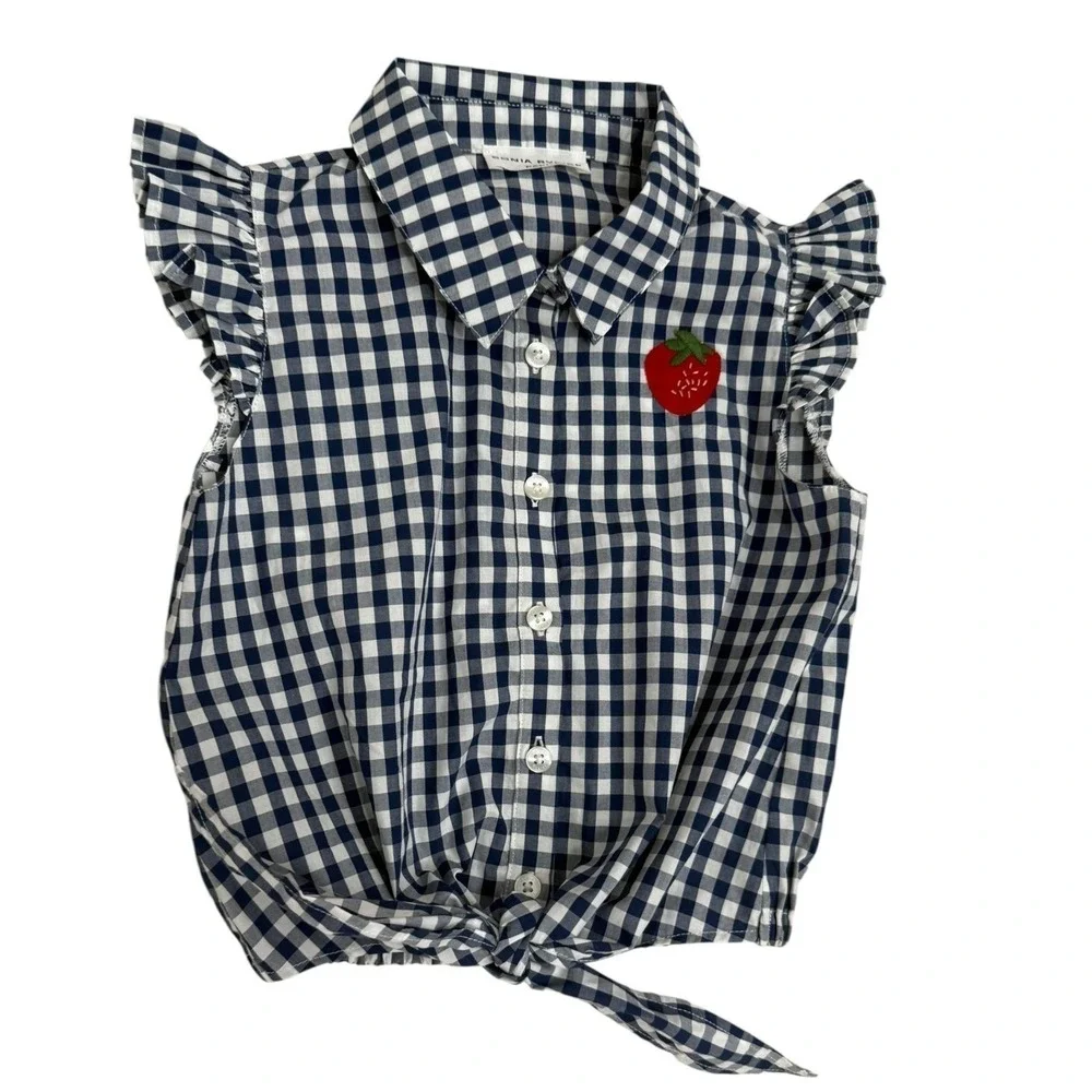 Sonia Rykiel Paris Top Girls Size 8 Navy Gingham Strawberry Applique Tie Front